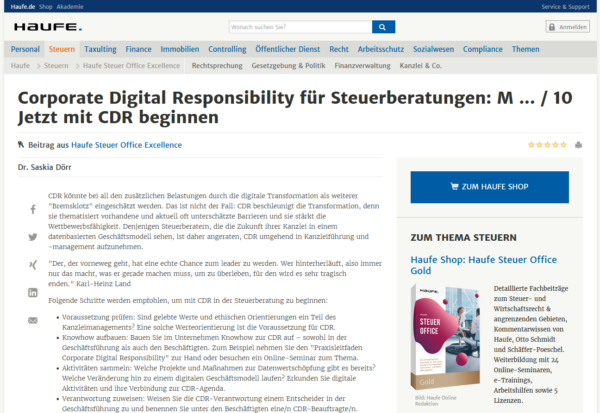 Haufe Steuer Office Excellence 01/21: “ Corporate Digital Responsibility für Steuerberatungen“